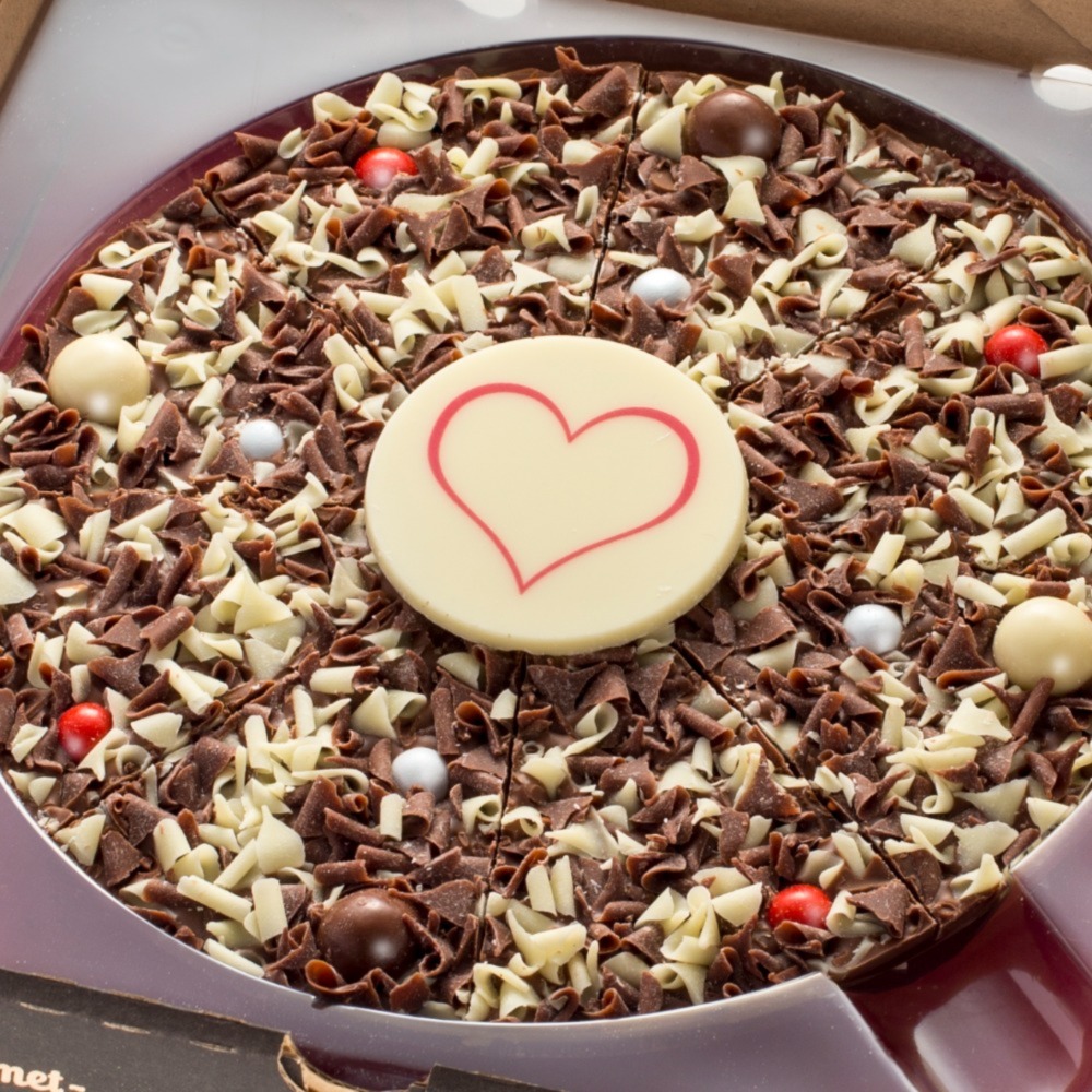 7" Love Chocolate PIzza Close up with heart plaque